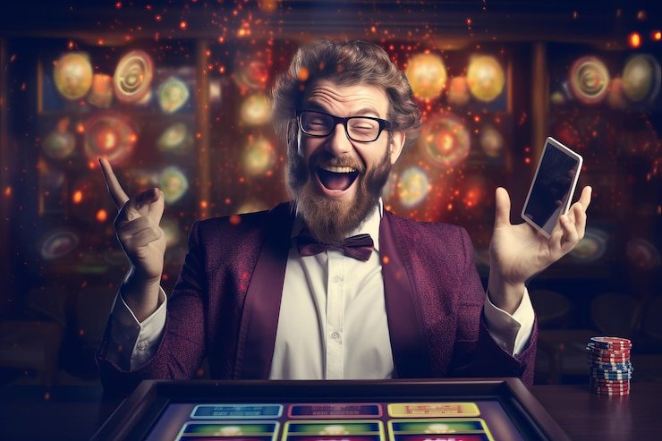 Antarmuka permainan Ikan Jackpot di layar ponsel dengan target ikan berwarna-warni dan meter jackpot progresif di bagian atas